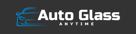 A logo for auto glass anytime with a car in the background.