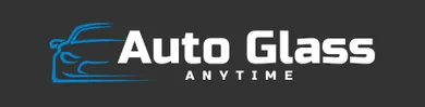 A logo for auto glass anytime with a car in the background.